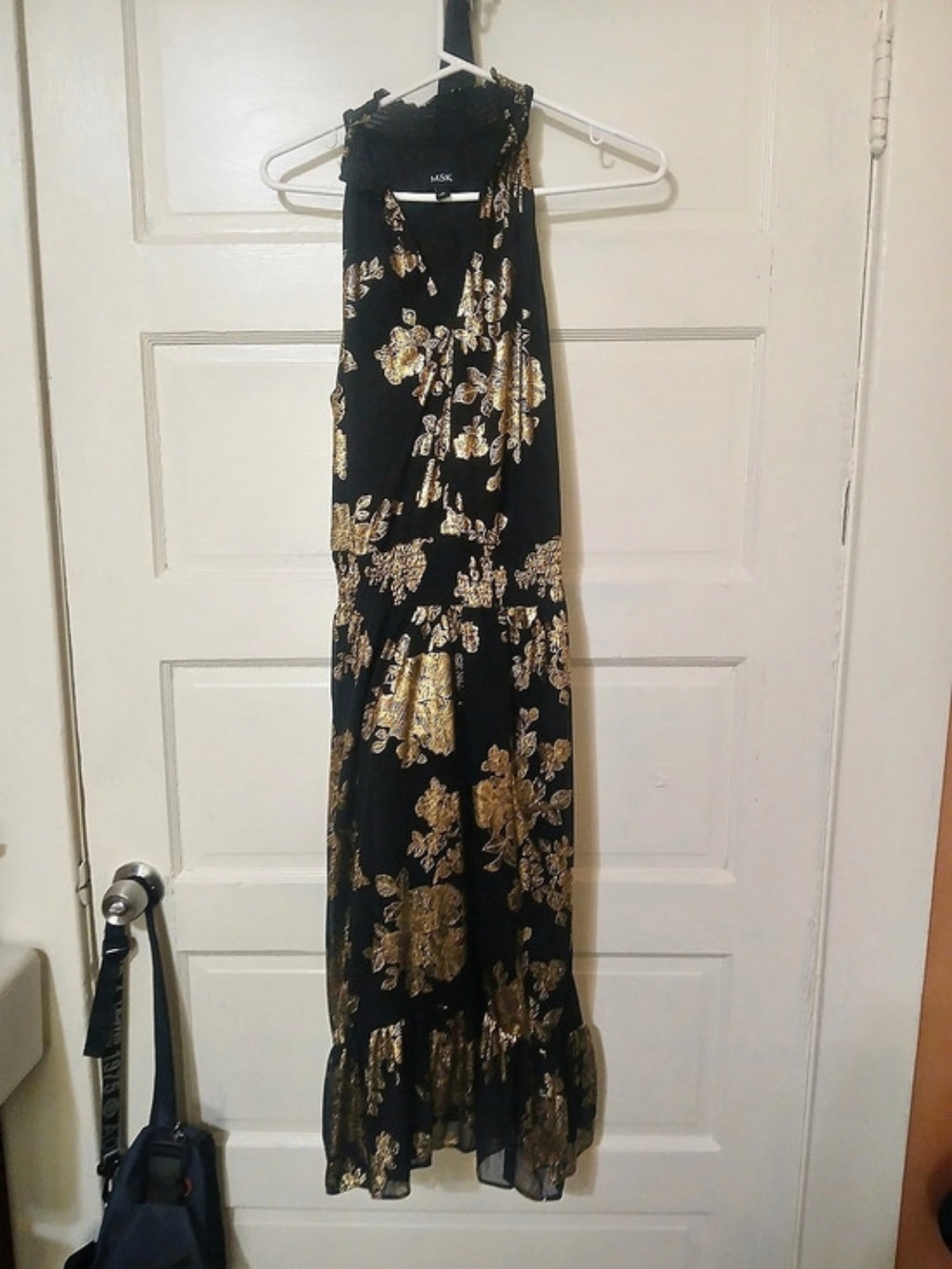 MSK Metallic Floral-Print Halter Wide-Leg Jumpsuit Black & Gold